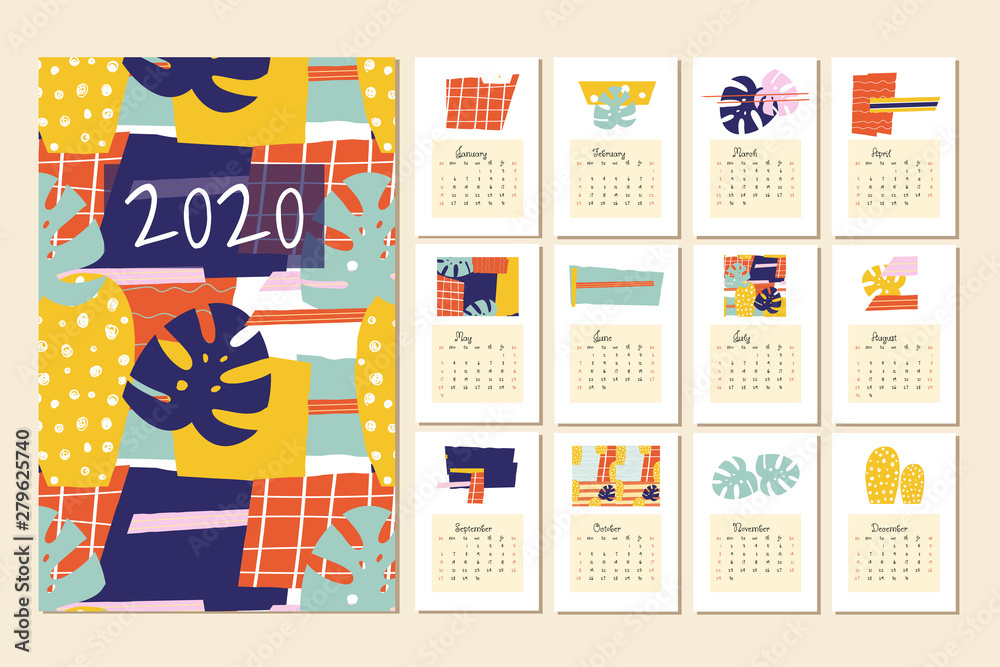 Monthly Calendar 2020 with contemporary patterns. Perfect for organizer. Vector hand drawn illustration.