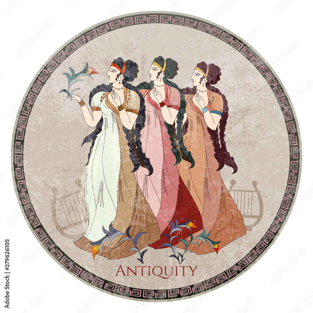 Minoan civilization. Ancient Greece frescos. Goddesses. Ancient Crete. Heraklion. Knossos murals mythology