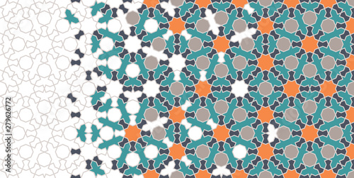 Arabesque islamic vector seamless border. Geometric halftone texture with color tile disintegration or breaking7