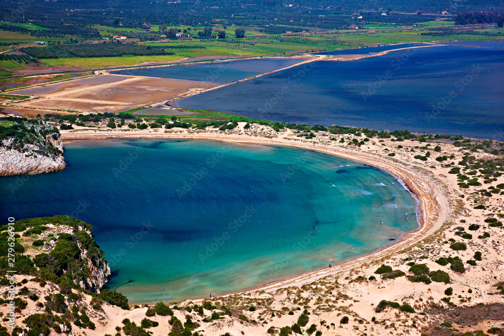 MESSENIA, PELOPONNESE, GREECE. Famous Voidokoilia beach as seen from Palaiokastro (literally 