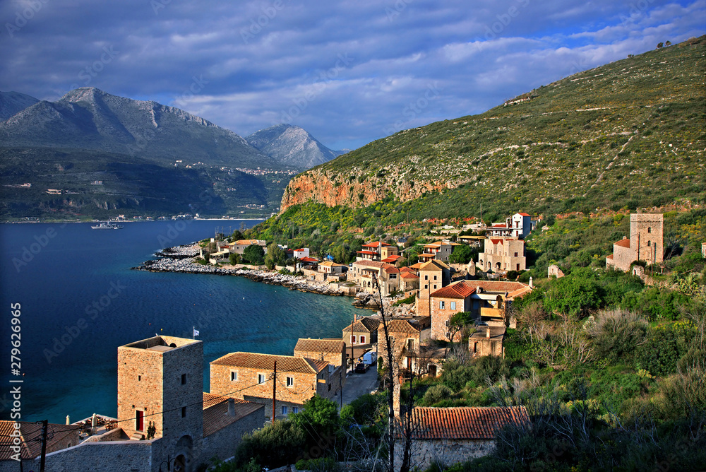  Limeni, one of the most beautiful seaside villages of Mani region, Lakonia prefecture, Peloponnese, Greece.