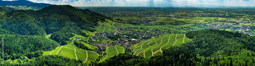 Wide hires panoramic landscape view of Black Forest vineyard valley, aerial