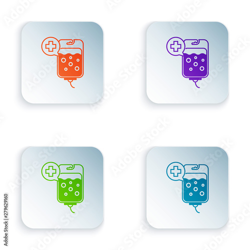 Color IV bag icon isolated on white background. Blood bag icon. Donate blood concept. The concept of treatment and therapy, chemotherapy. Set icons in colorful square buttons. Vector Illustration