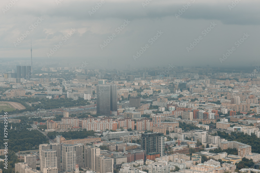 View of Moscow and the Ostankino tower from above. Overcast weather.