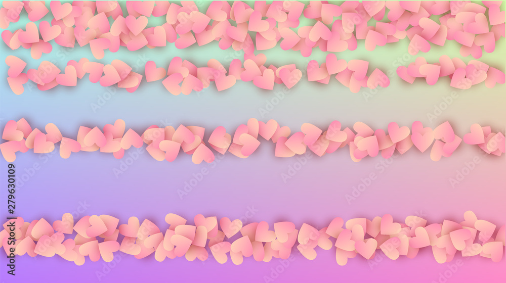 Valentine's Day Background. Many Random Falling Red Hearts on Hologram Backdrop. Poster Template. Heart Confetti Pattern. Vector Valentine's Day Background.