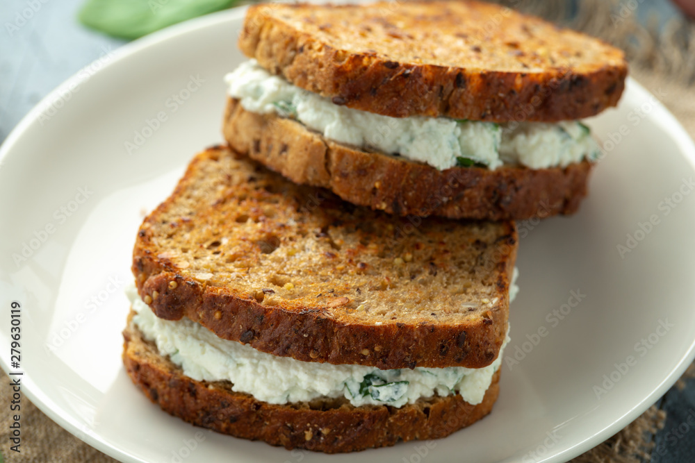 Ricotta cheese spinach sandwich with coffee. healthy breakfast Ricotta cheese spinach sandwich with coffee. healthy breakfast