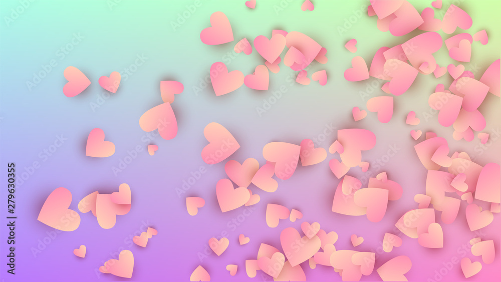 Love Background. Heart Confetti Pattern. Flyer Template. Many Random Falling Beautifull Hearts on Hologram Backdrop. Vector Love Background.