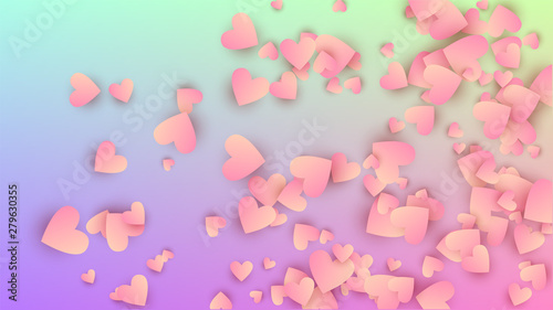 Love Background. Heart Confetti Pattern. Flyer Template. Many Random Falling Beautifull Hearts on Hologram Backdrop. Vector Love Background.