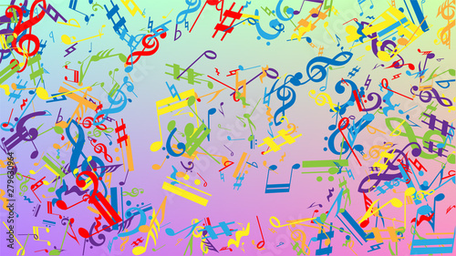 Disco Background. Colorful Musical Notes Symbol Falling on Hologram Background. Many Random Falling Notes, Bass and, G Clef. Disco Vector Template with Musical Symbols.