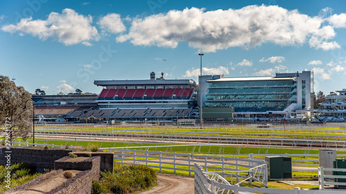 The Flemington Racecourse grandstands in front of the Maribynong River in Melbourne, Australia