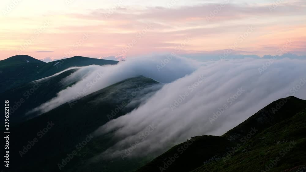 Amazing morning fog in mountains. Timelapse of beautiful Ukrainian Carpathians. UHD 4K video