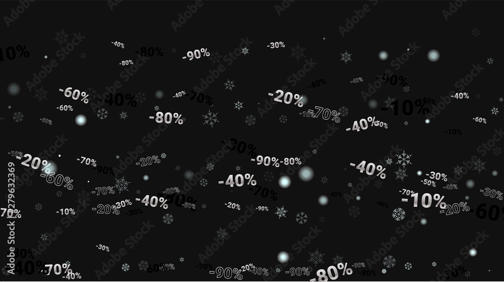 Percent Sings on Dark Background. Black Poster with Silver Percent Sings and Snowflakes. Vector Discount Sale Background. Percent Sings on Dark Background. Black Poster with Silver Percent Sings and Snowflakes. Vector Discount Sale Background.