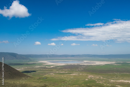 Scenery above view of Ngorongoro crater with deep blue sky