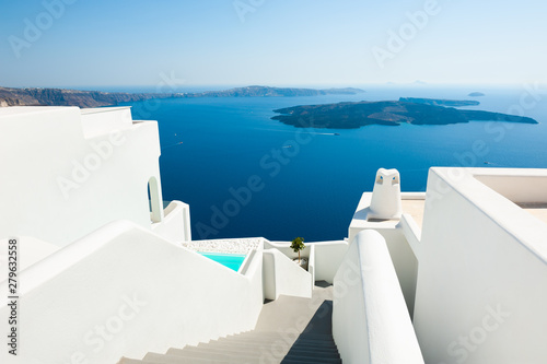 White architecture on Santorini island, Greece. Beautiful sea view. Famous travel destination
