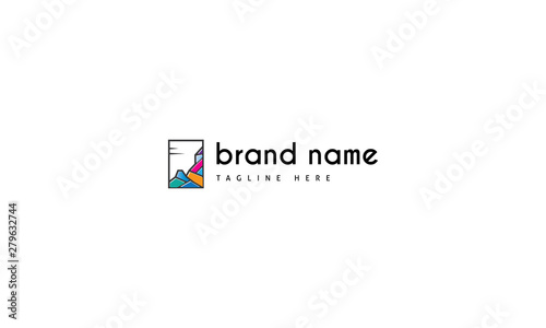 Vector logo on which the abstract image of colored mountains in a rectangle.