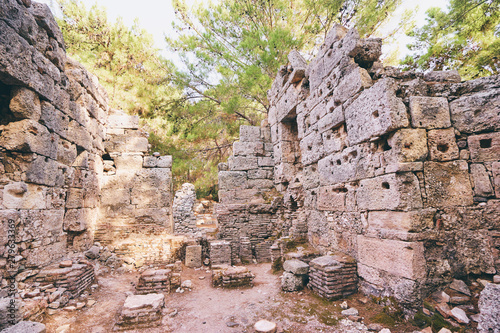 Travel and architecture. Ancient ruins in antique town Phaselis, Turkey.