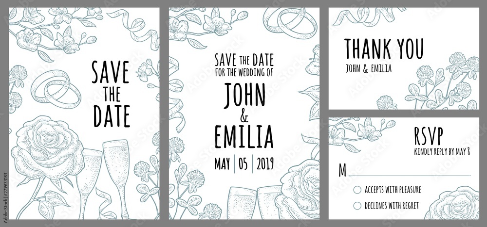 Set template wedding invitation. Vector monochrome vintage engraving