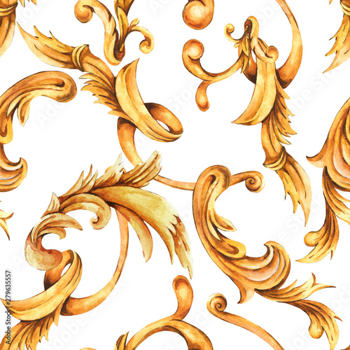 Watercolor golden baroque seamless pattern, rococo ornament texture. Hand drawn gold scrolls, leaves.