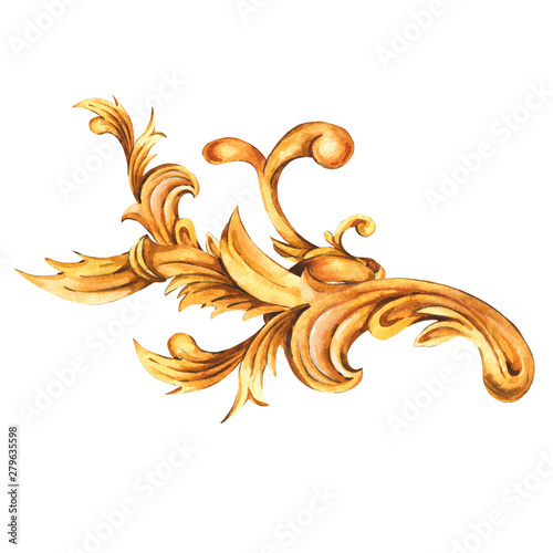 Watercolor golden baroque floral curl, rococo ornament element. Hand drawn gold scroll,