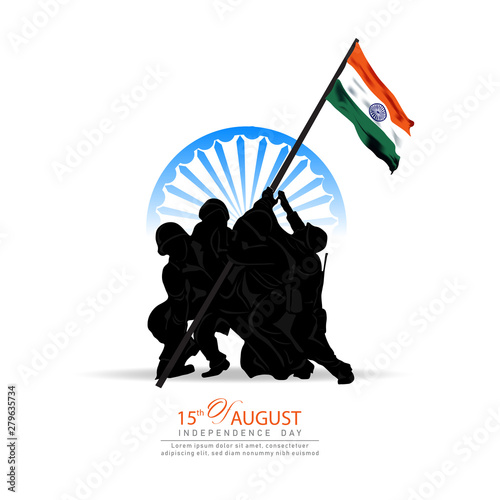 15 august. India independence day celebration background.with Indian Soldiers Taking Flag up Hill.Greeting card and poster Design. Vector illustration - Vector
