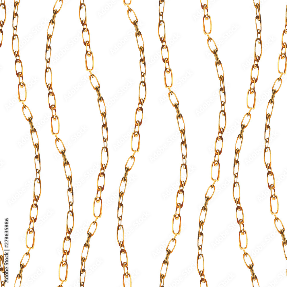 Watercolor gold chains and rings seamless pattern, fashion vintage luxury elements on black background