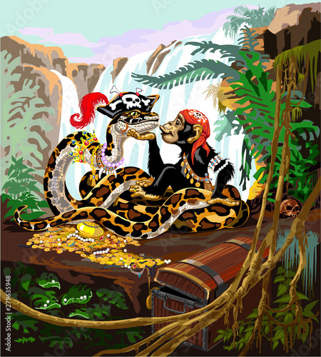 Cartoon chimpanzee and python boa on the pirate island. Great ape or chimp monkey and big snake near the treasure and wooden chest. Rainforest landscape with plants and waterfall. Children vector illu
