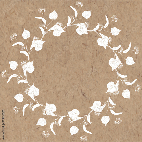 Round frame with linden branch on kraft paper. Floral vector illustration with space for text. Invitation, greeting card or an element for your design.