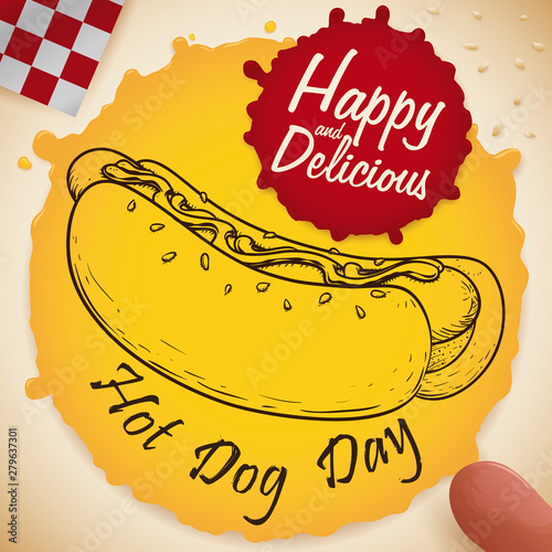Mustard and Ketchup Stains with Draw for Hot Dog Day, Vector Illustration