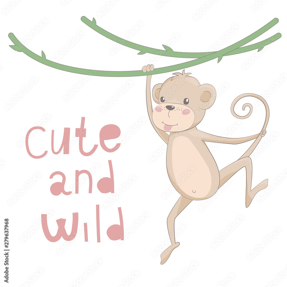 Cute monkey drawn vector illustration with lettering cute and wild. Cute monkey drawn vector illustration with lettering cute and wild.