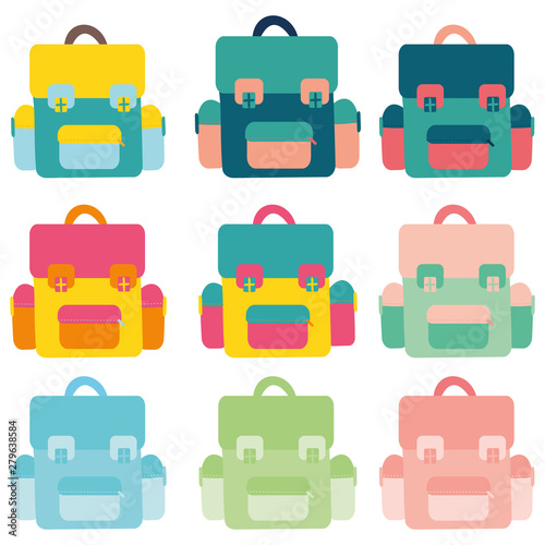 school bag - Flat design school bag vector illustration in 9 different designs  