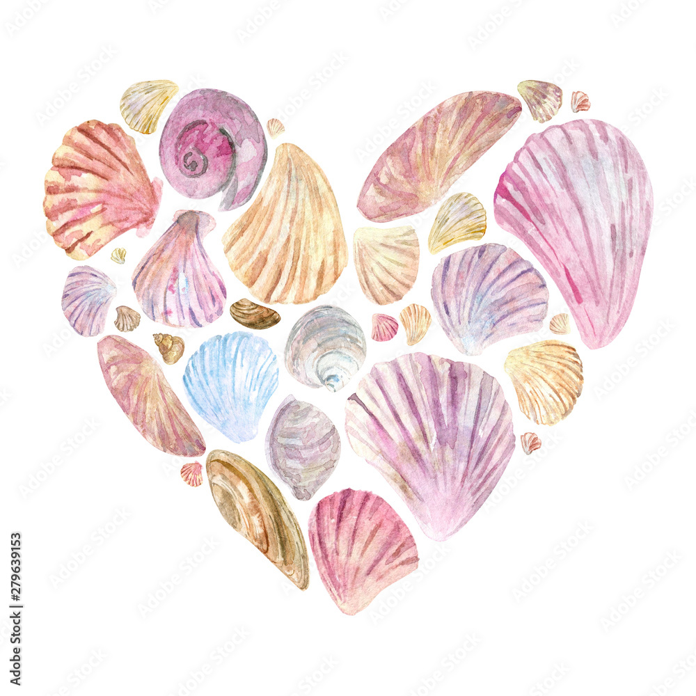 Heart shape postcard with watercolor hand drawn shells Heart shape postcard with watercolor hand drawn shells