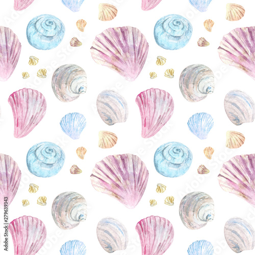 Bright summer watercolor seamless pattern. Blue, pink and beige shells on white background