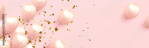 Festive background with helium balloons. Celebrate a birthday, Poster, banner happy anniversary. Realistic decorative design elements. Vector 3d object ballon, pink color.