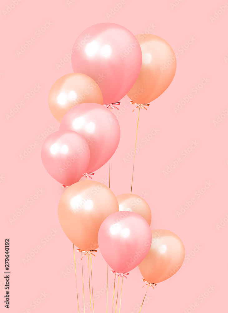 Festive background with helium balloons. Celebrate a birthday, Poster, banner happy anniversary. Realistic decorative design elements. Vector 3d object ballon with ribbon, pink and orange color.