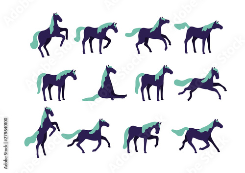 Set of vector horses isolated on white background. A collection of purebred thoroughbred horses in a flat modern style.