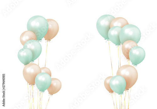 Festive background with helium balloons. Celebrate a birthday, Poster, banner happy anniversary. Realistic decorative design elements. Vector 3d object ballon with ribbon, pink and blue color.