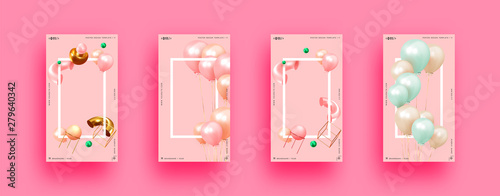 Festive background with helium balloons, 3d geometric objects. Celebrate a birthday, Poster, banner happy anniversary. copy space for text. Vector ballon, pink color. social media story template