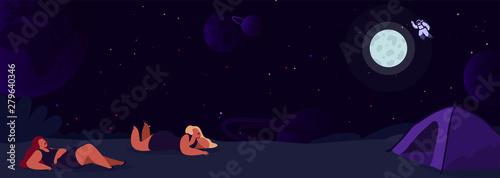 Man travel to the moon. Poster of astronaut approaching the moon  satellite earth. Night background of space with bright starry in the distance. Futuristic banner  mankind is exploring the cosmos
