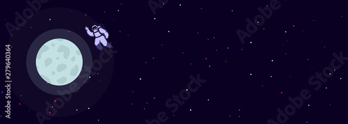 Man travel to the moon. Poster of astronaut approaching the moon, satellite earth. Night background of space with bright starry in the distance. Futuristic banner, mankind is exploring the cosmos