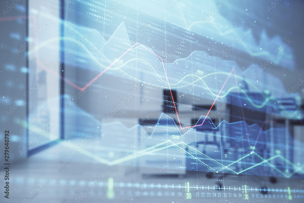 Stock market chart with trading desk bank office interior on background. Double exposure. Concept of financial analysis Stock market chart with trading desk bank office interior on background. Double exposure. Concept of financial analysis
