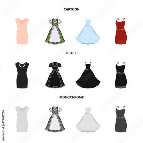 Vector illustration of dress and clothes icon. Set of dress and evening vector icon for stock.