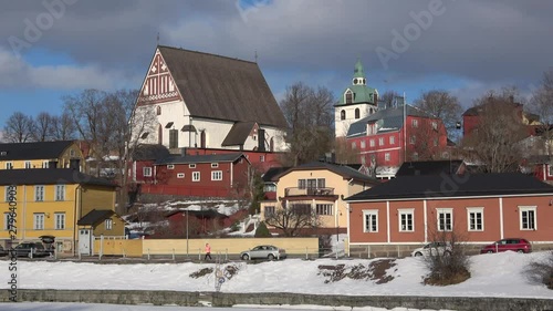 View of the medieval Lutheran Cathedral on a cloudy March day. Old Porvoo, Finland  photo