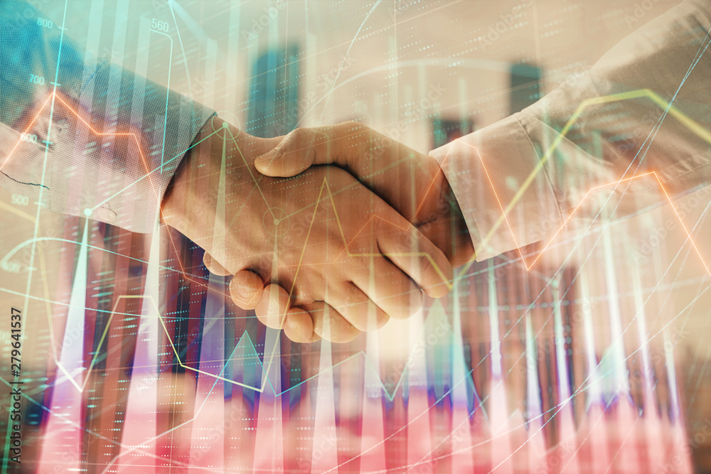 Double exposure of financial graph on cityscape background with two businessman handshake. Concept of stock market deal Double exposure of financial graph on cityscape background with two businessman handshake. Concept of stock market deal
