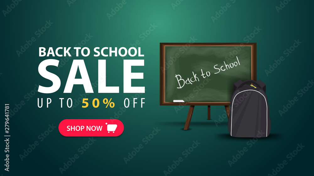 Back to school, discount web banner in minimalist style with school Board and school backpack Back to school, discount web banner in minimalist style with school Board and school backpack