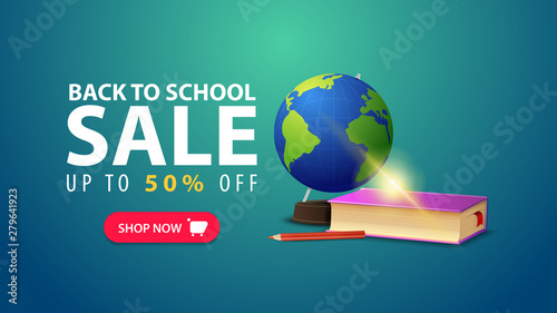 Back to school, discount web banner in minimalist style with globe and school textbooks