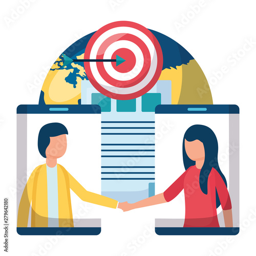 young business couple team with smartphones