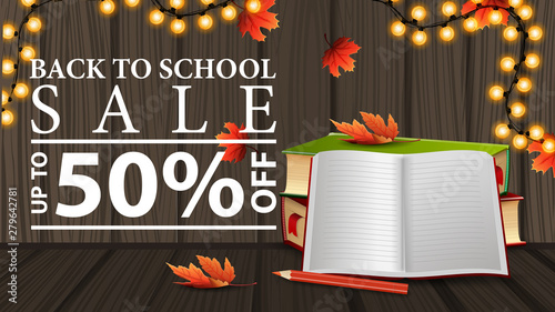 Back to school sale, discount web banner with wooden texture, school textbooks and notebook