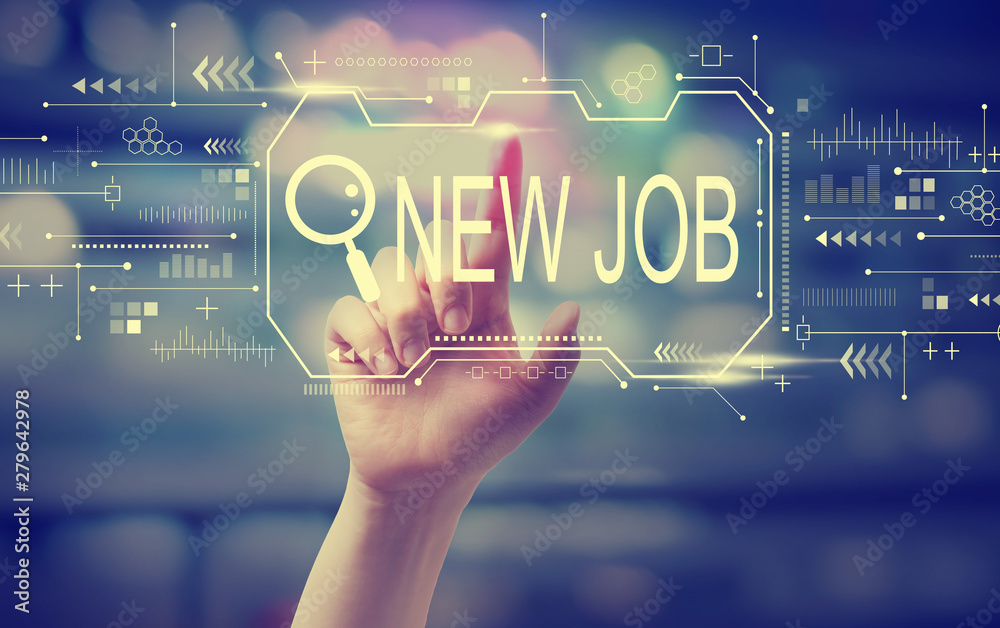 Obraz premium Searching new job theme with hand pressing a button at night