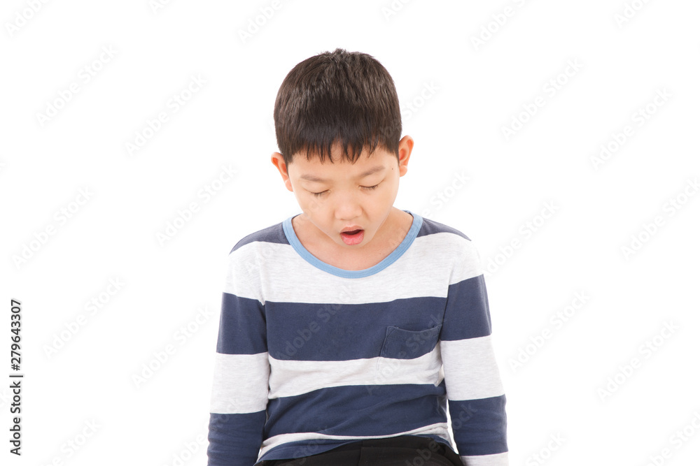 Asian child boy feel angry and stressed. He wearing a blue-grey T-shirt isolated on white background. Yawn Pose. Asian child boy feel angry and stressed. He wearing a blue-grey T-shirt isolated on white background. Yawn Pose.