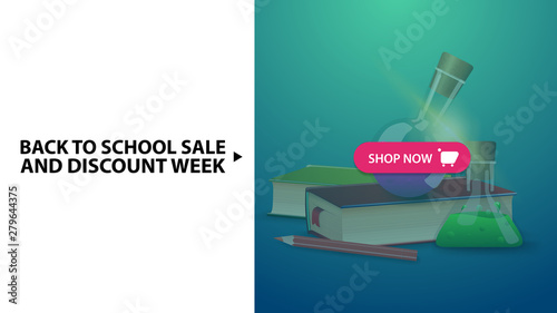 Back to school and discount week, blue horizontal discount web banner with books and chemical flasks